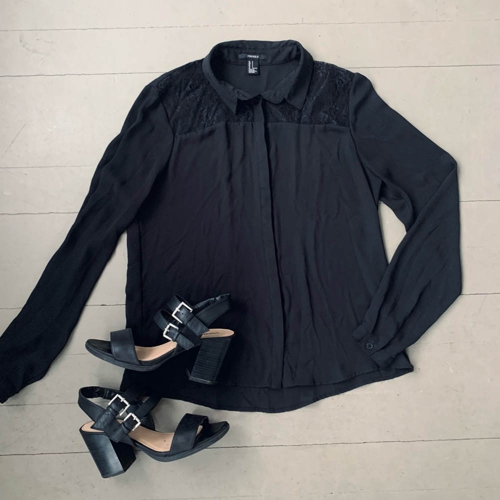 STORE CLOSING FINAL SALE ✨ Sheer Black Long-sleeve Blouse with Lace Detail